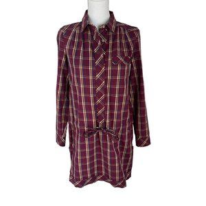 Lacoste Purple Plaid Print Long Sleeve Drawstring Waist Collared Shirt Dress 38